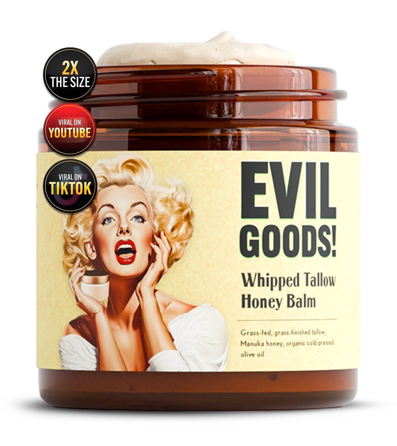 EVIL GOODS! Whipped Beef Tallow and Manuka Honey Balm, 4oz, Organic Face Cream, Moisturizer, Body Lotion, Skin Care and Lip Balm